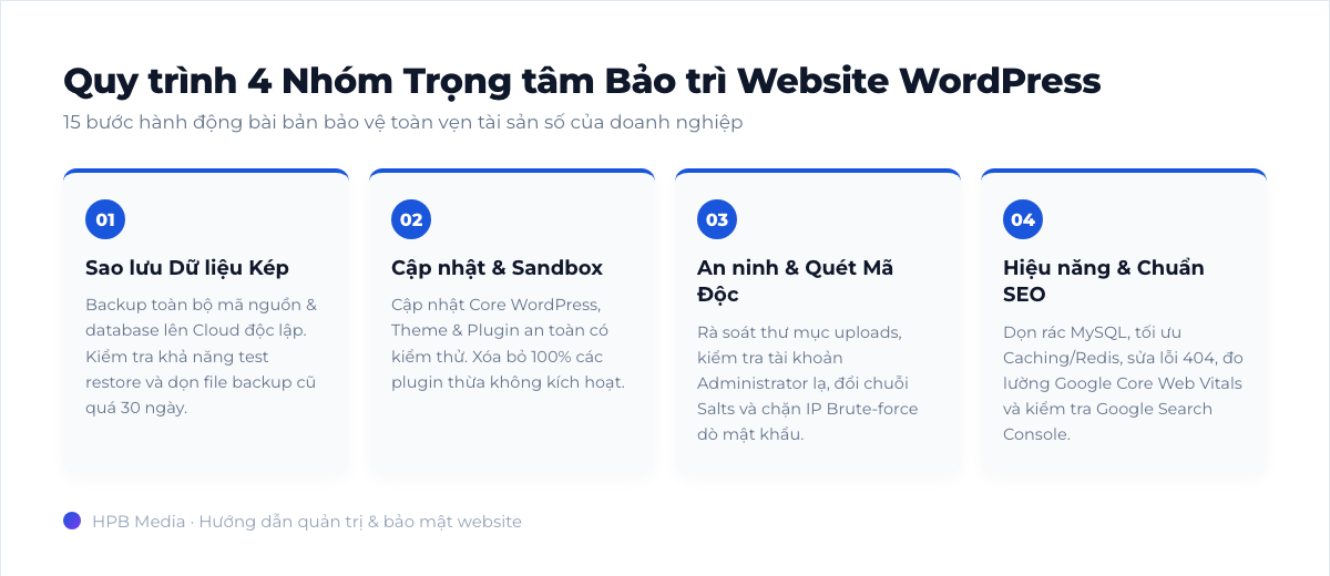 Checklist 15 Bước Tự Bảo Trì Website WordPress Hàng Tháng Cho Doanh Nghiệp Quy trình 4 nhóm trọng tâm bảo trì website WordPress chuyên nghiệp HPB Media